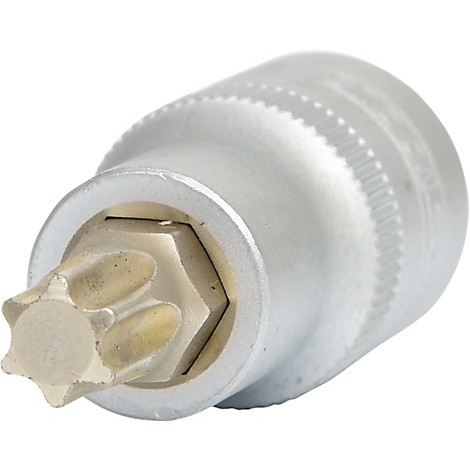 Nahaufnahme eines Torx-Bit-Aufsatzes aus Metall mit Sechskant- und Sternform.